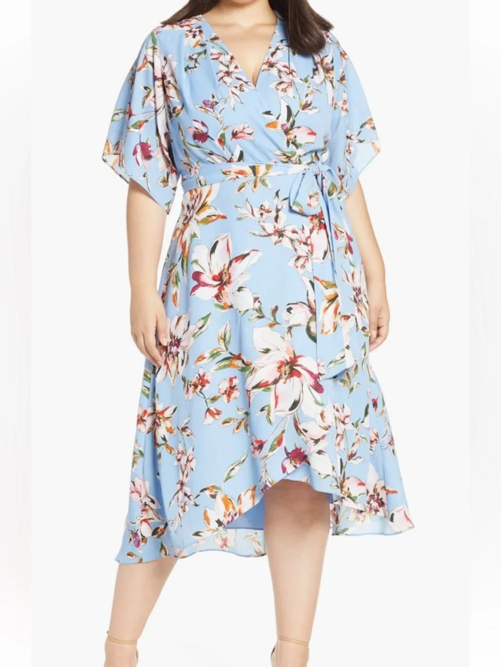 Tahari Faux Wrap Midi Dress Clematis Blue Floral Plus 22W Flowy Wedding Spring - Picture 5 of 11
